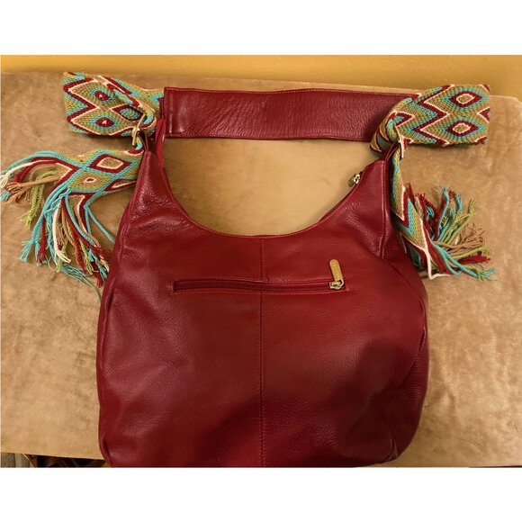 Macoly dark red leather pocketbook with wide zigzag woven strap - Picture 2 of 11